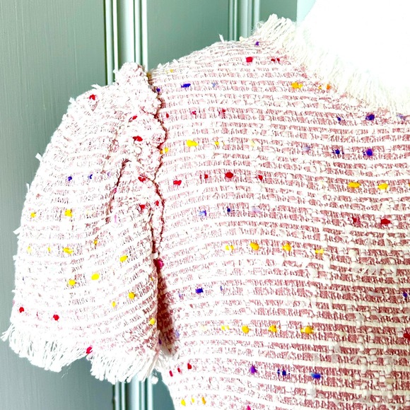 Kate Spade NY Tweed Fringe Colorful Trimmed Mini Dress Pink Puff Sleeve Size 12 - Picture 8 of 16